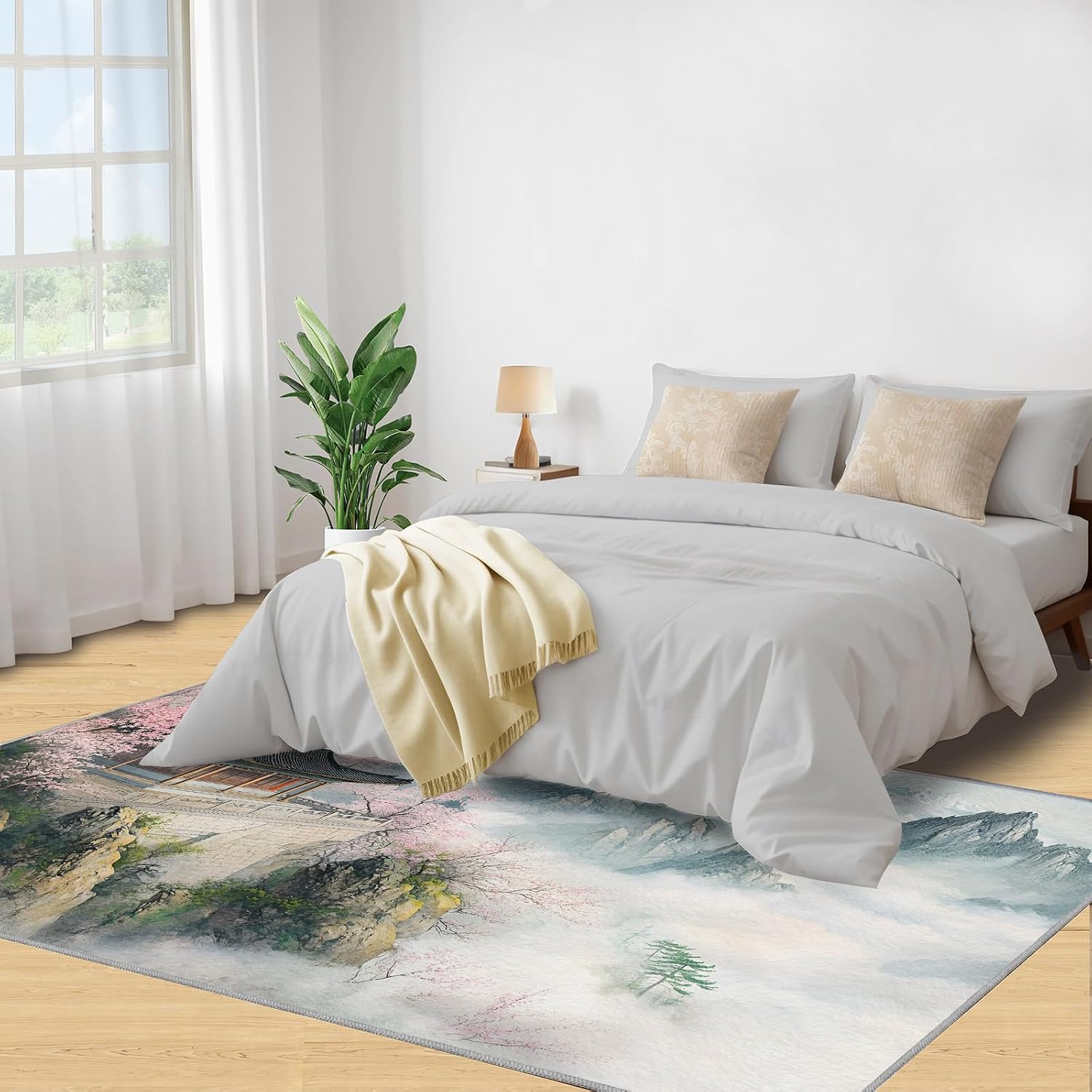 Japanese Landscape Area Rug Large - 6x8 Rug, Cherry Blossom Rugs for Living Room, Mountains Area Rugs for Bedroom, Oriental Washable Carpet, Japanese Home Decor & Gifts