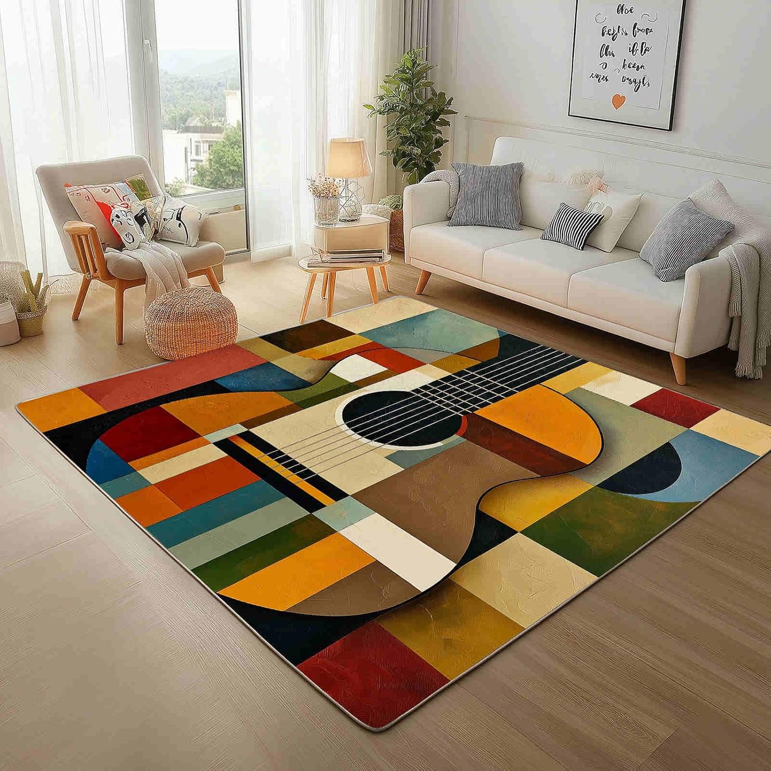 Vibrant Geometric Guitar Segments 5x7 Area Rugs Washable Colorful Patchwork Motifs Kids Rug for Bedroom Home Decor Carpet Mustard Yellow Rugs Indoor Non-Slip Low Pile Rug