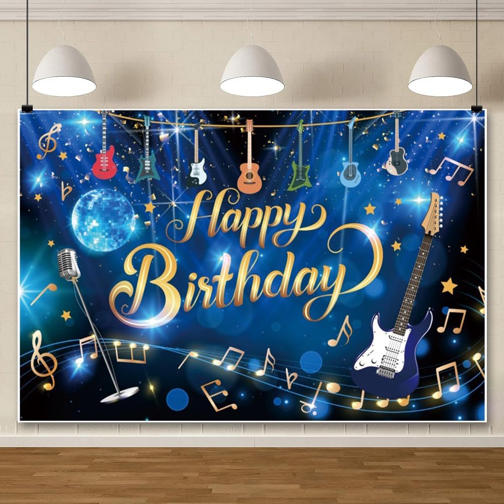 20x10ft Musical Note Guitar Happy Birthday Backdrop Rock and Roll Happy Birthday Party Decorations for Boys Girls Karaoke Themed Banner Supplies Photo Booth Props