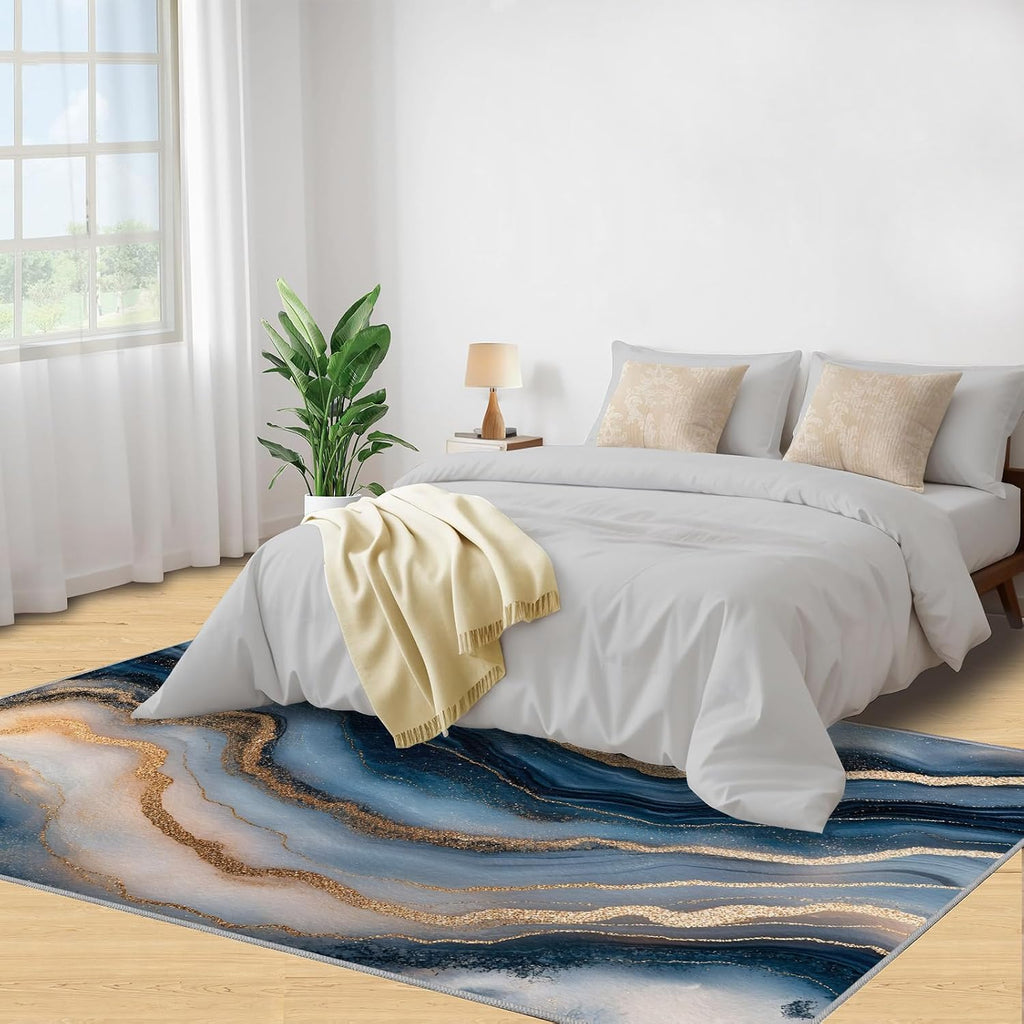 Marble Rugs for Bedroom - 6x8 Rug, Royal Blue Marble Area Rugs for Living Room, Nordic Carpet, Contemporary Washable Area Mat, Atmospheric Carpet, Abstract Home Decor & Gifts