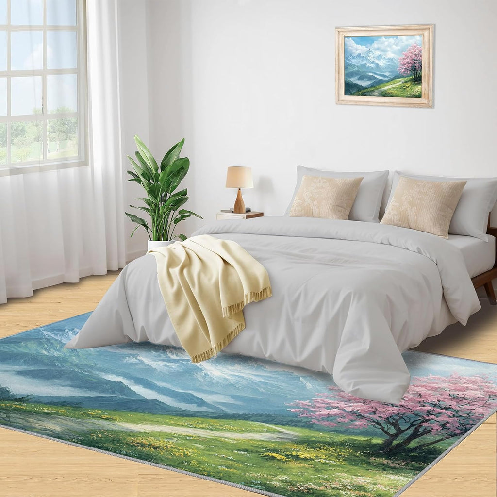 Cherry Blossoms Rugs for Living Room 6x8 Rug, Mountains Area Rug, Natural Scenery Rugs, Large Machine Washable Rug, Non-Slip Floor Carpet for Bedroom Kids Room Home Decor
