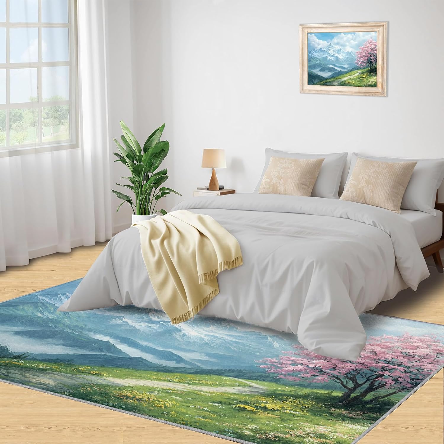 Cherry Blossoms Rugs for Living Room 6x8 Rug, Mountains Area Rug, Natural Scenery Rugs, Large Machine Washable Rug, Non-Slip Floor Carpet for Bedroom Kids Room Home Decor