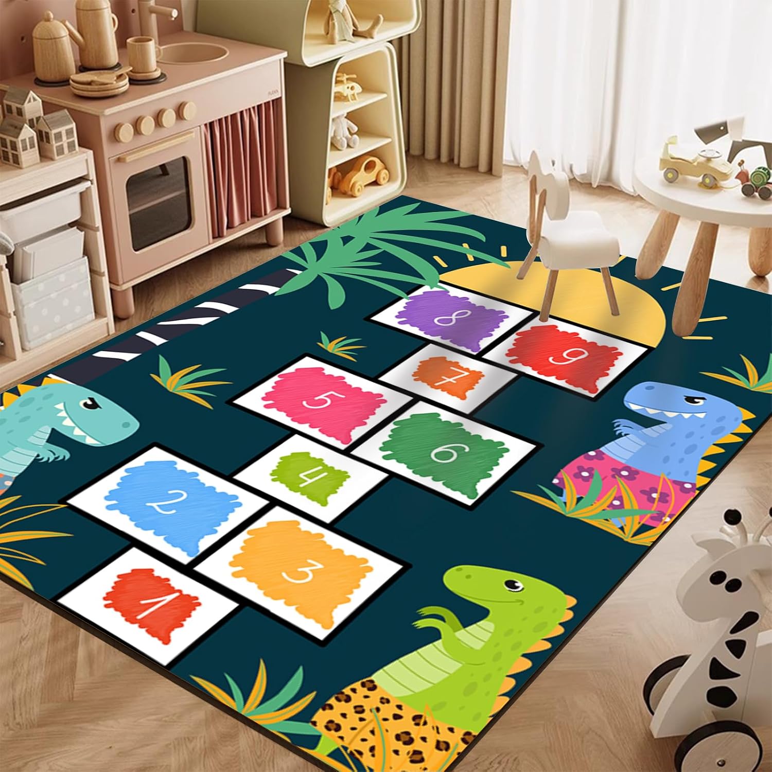 Cartoon Hopscotch Rugs for Kids, 6x8ft, Cute Dinosaur Colorful Classroom Carpets, Printed Fade Resistant Durable Area Rug, Dirty Resistant Easy Clean Rugs for Bedroom Living Room