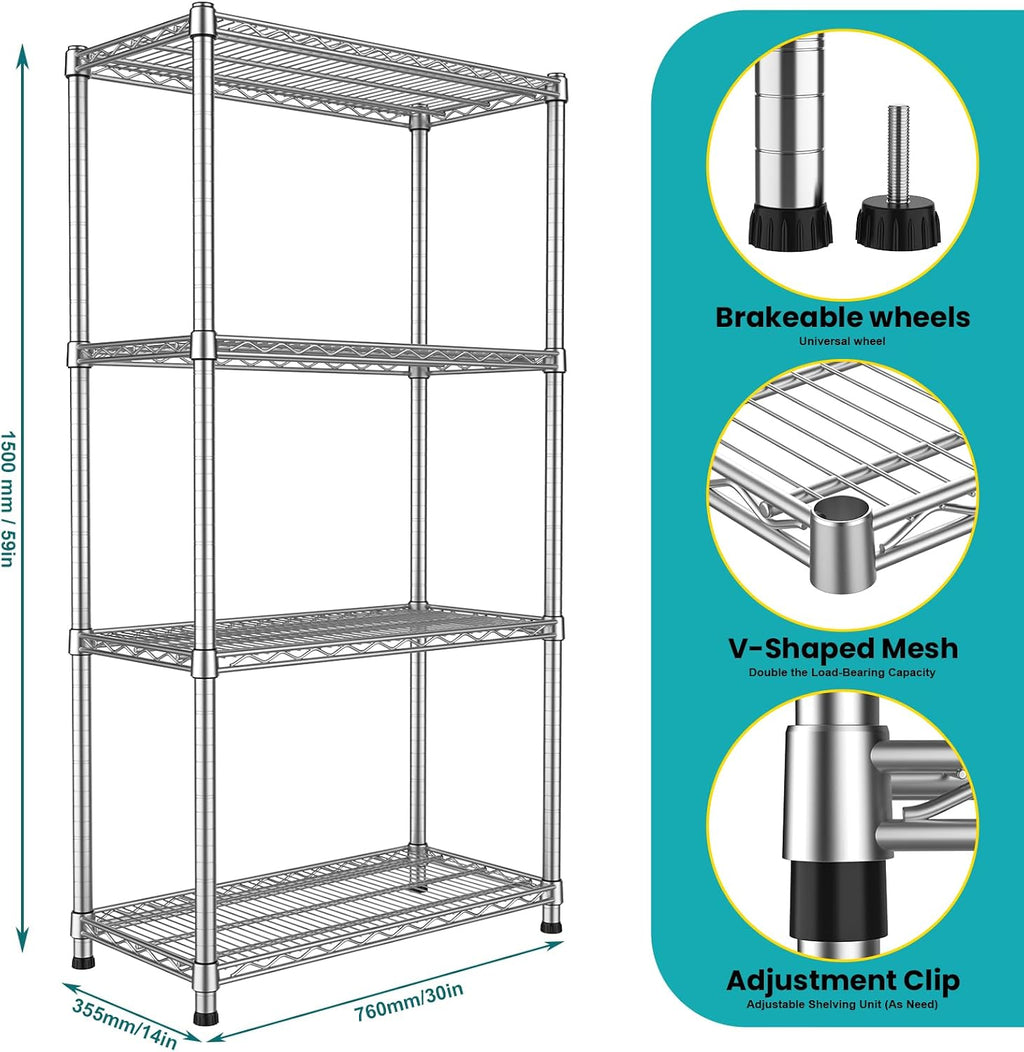 Heavy Duty Wire Shelving Unit 4-Tier Adjustable Metal Storage Rack Steel Shelves Metal Wire Shelf for Pantry Laundry Room Closet Garage Kitchen 2200 lbs Capacity 13.8'D x 30'W x 59'H