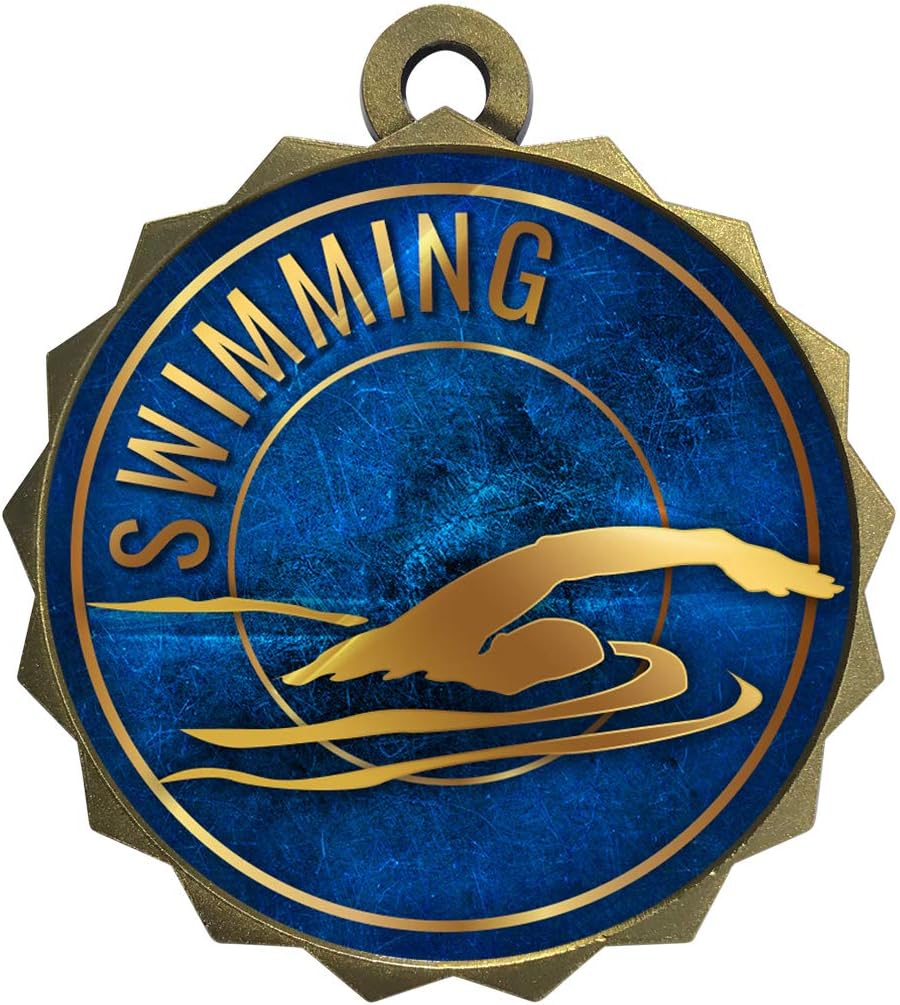 Express Medals 1 to 50 Packs of Engraved Swimming Gold Medal Trophy Award with Neck Ribbon & Attached Engraved Plate on Back LAZD214-EG52
