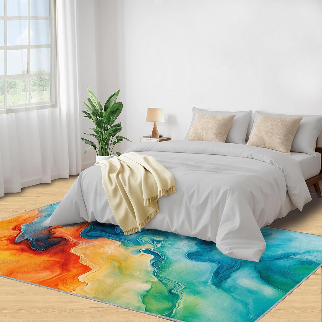 Colorful Marble Rug Large - 6x8 Rug, Green Orange Fluid Washable Rugs for Living Room, Abstract Carpet, Contemporary Non-Slip Area Rugs for Bedroom, Modern Carpet, Marble Home Decor