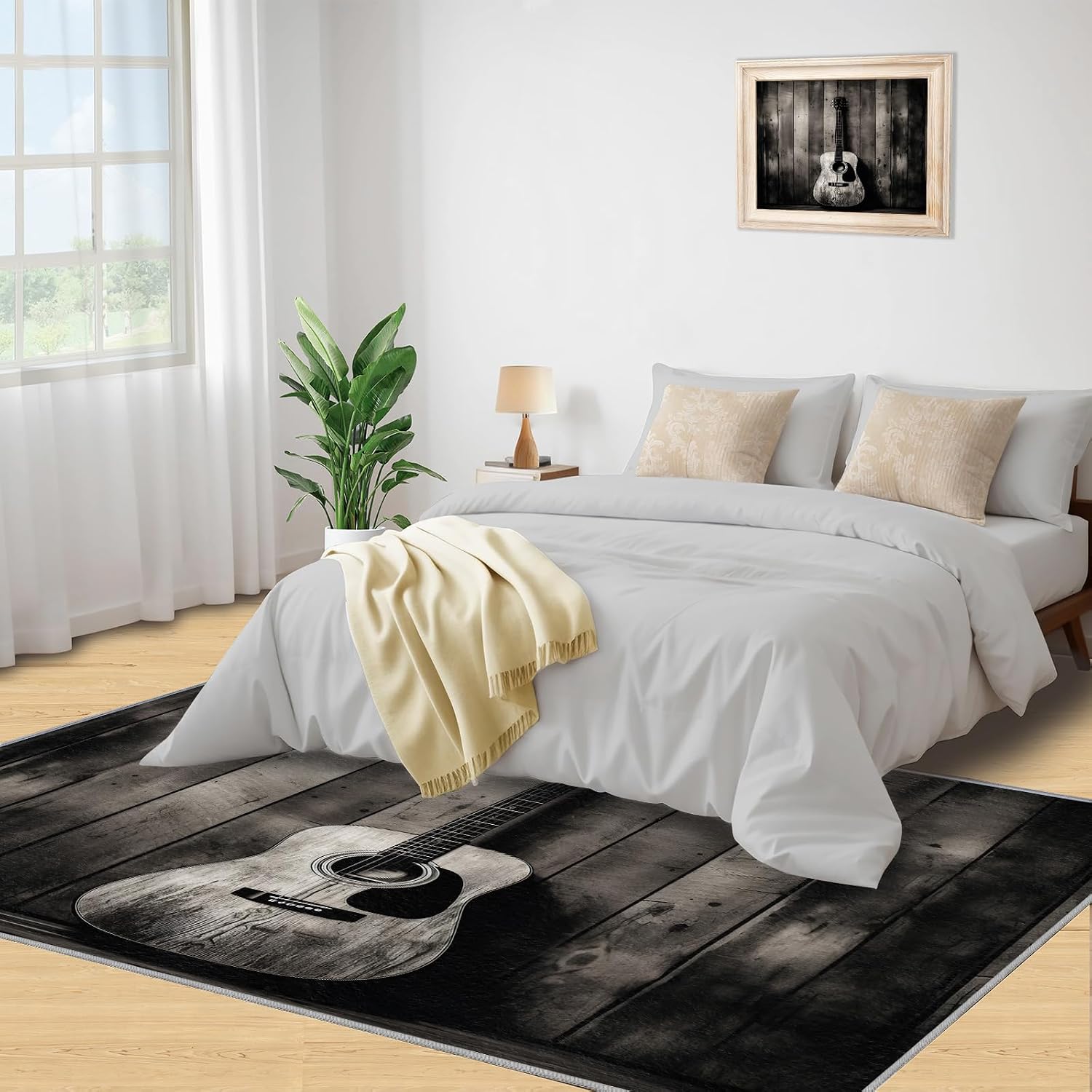 Gray Guitar Area Rug 6x9ft Music Lover Kids Rugs, Vintage Wooden Board Rug for Bedside, Indoor Non Slip Carpet for Music Room Bedroom Classroom Recording Studio