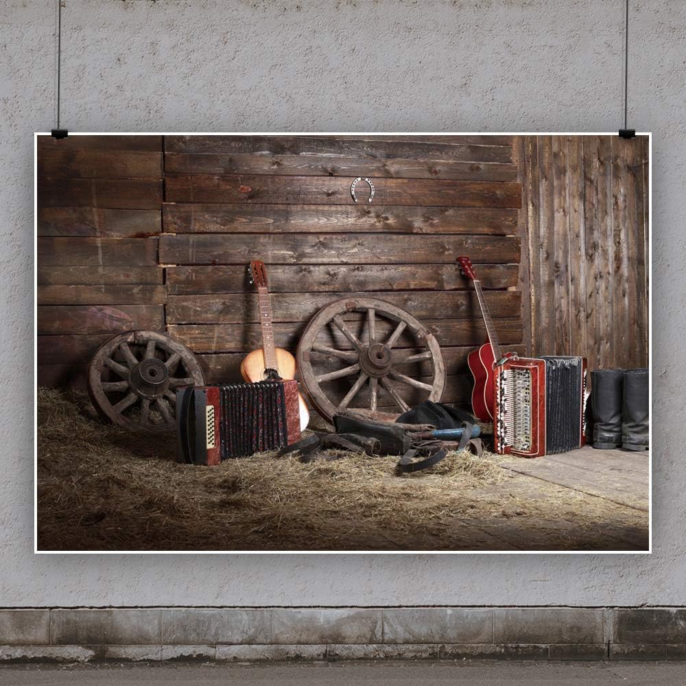 Leyiyi 20x10ft Rustic Music Barn Backdrop Vintage Guitar Rock Play Western Wooden Cottage Horseshoe Rural Farmhouse Haystack Photo Background Cowboy Kids Birthday Portrait Studio Prop Vinyl Banner