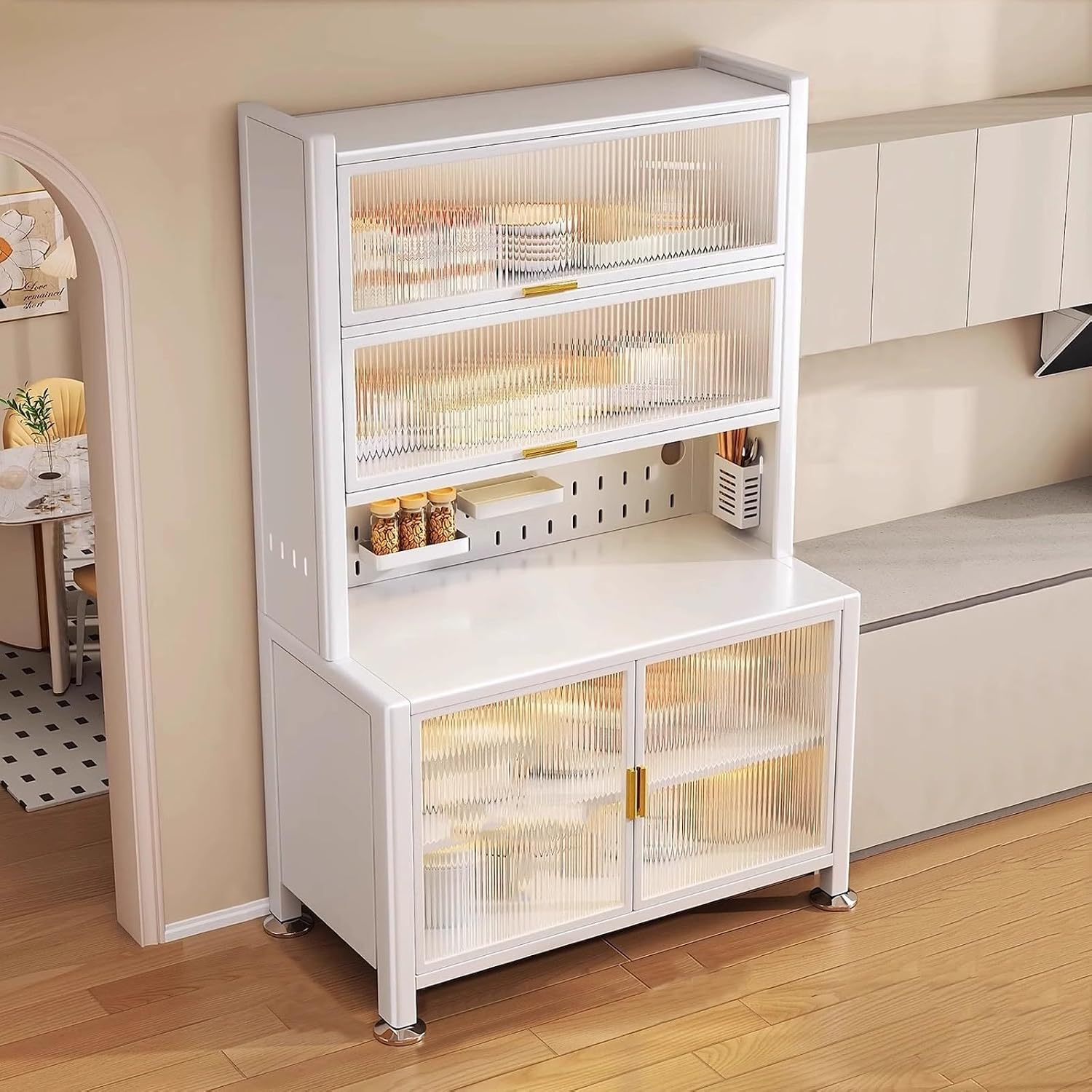6-Tier Kitchen Bakers Rack, Kitchen Microwave Stand, Bakers Rack with Storage, Pegboard, Adjustable Shelf(White-80Cm)