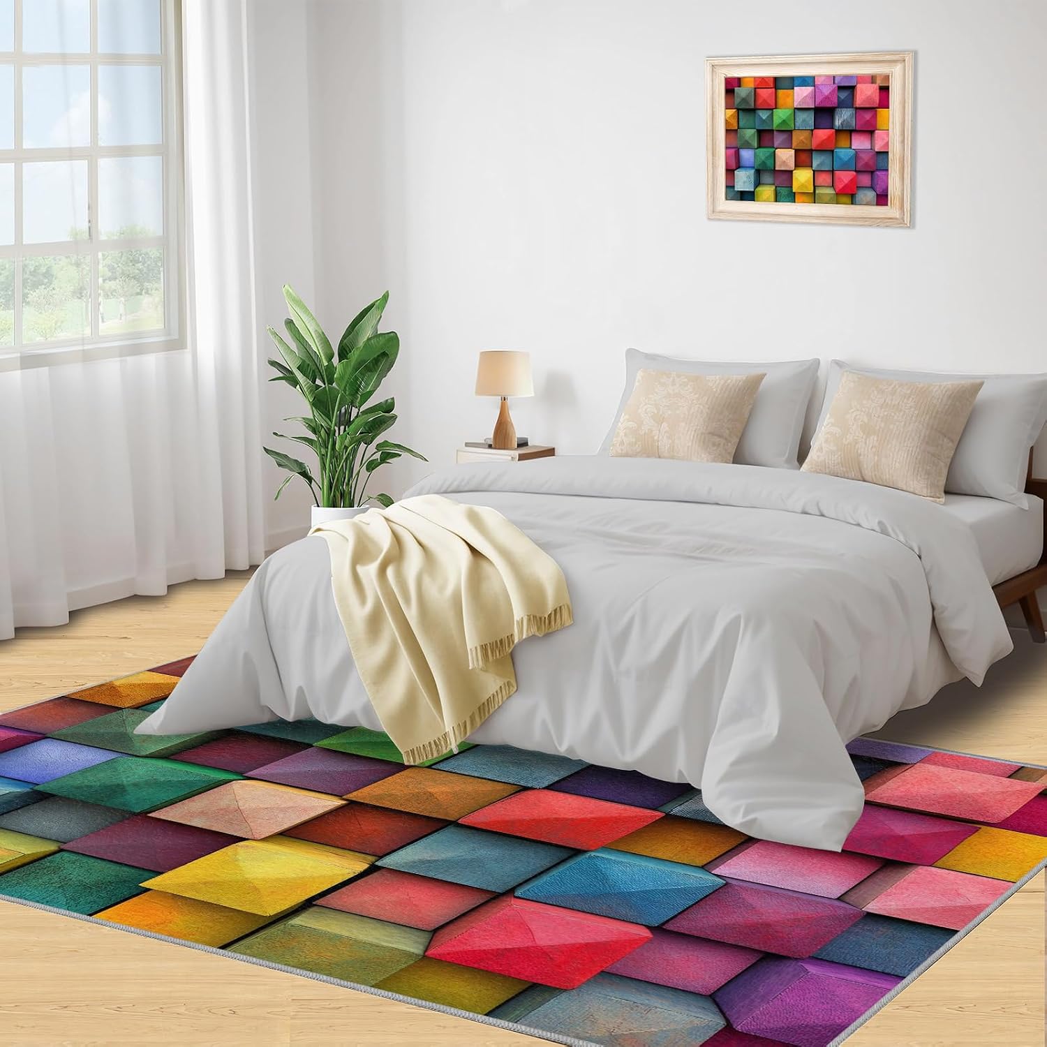Colorful Rugs for Bedroom, 3D Geometry Area Rug, Abstract Modern Rugs for Living Room, 6x8 Washable Rug Non Slip & Low Pile, Indoor Carpet & Home Decor