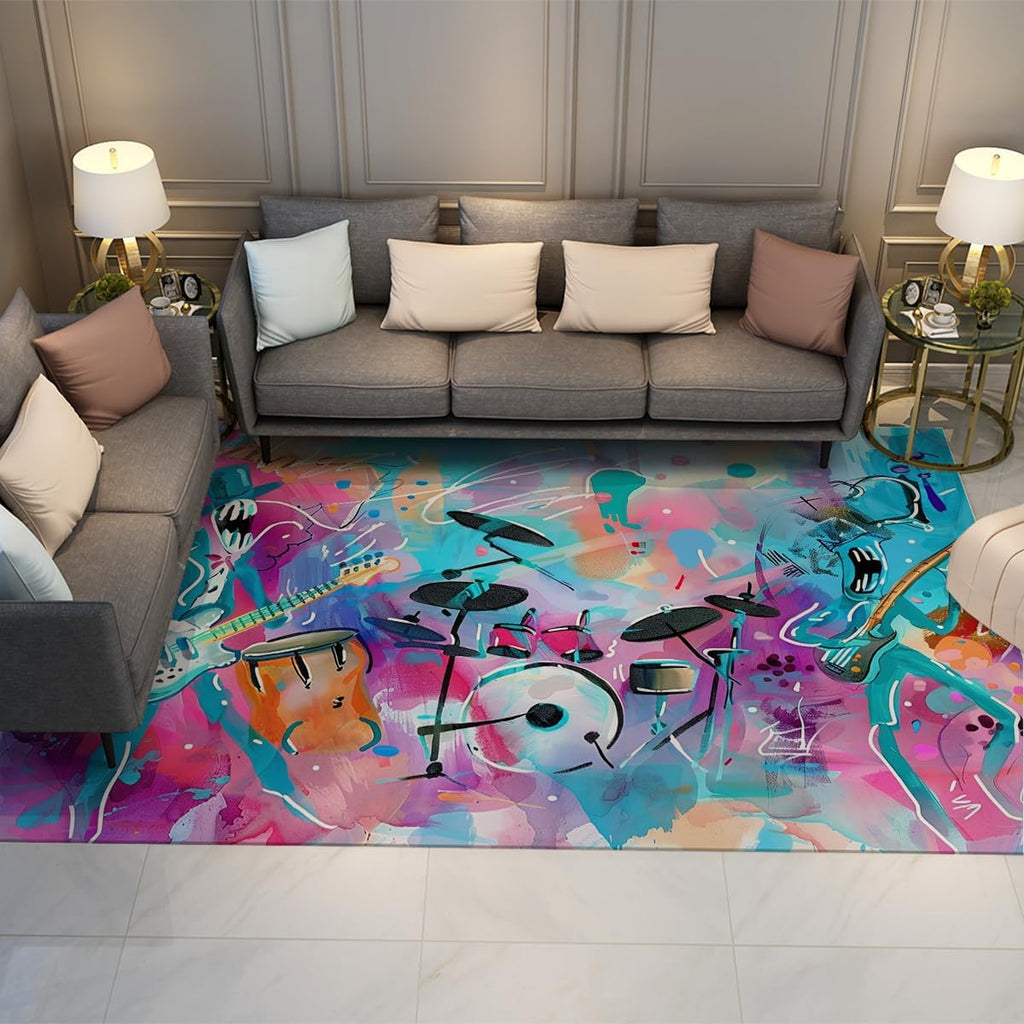 Abstract Music Graffiti Area Rug Washable 6x10ft Colorful Guitar Drums Printed Low Pile Carpet for Living Room Music Studio Home Decor Floor Mat