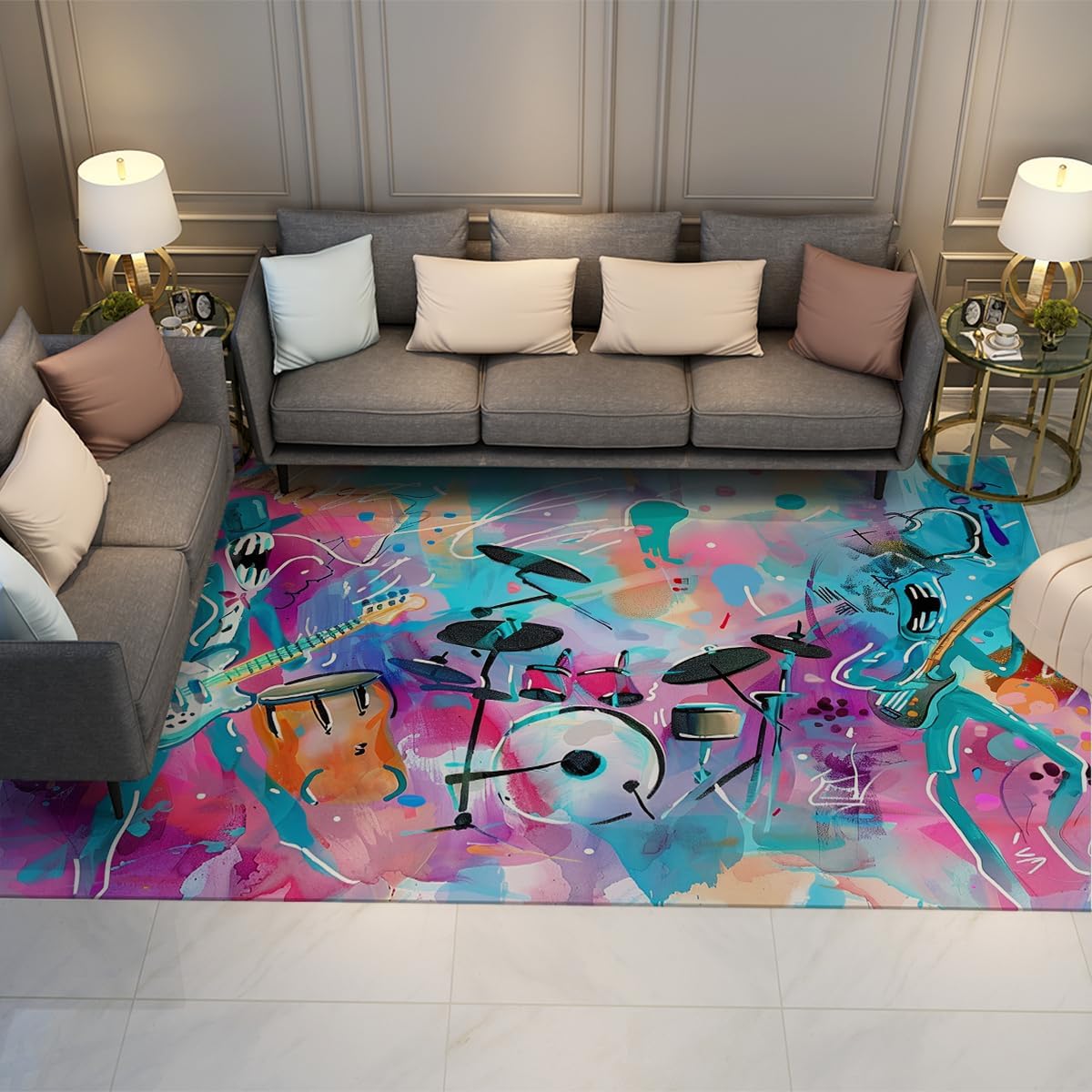 Abstract Music Graffiti Area Rug Washable 6x10ft Colorful Guitar Drums Printed Low Pile Carpet for Living Room Music Studio Home Decor Floor Mat