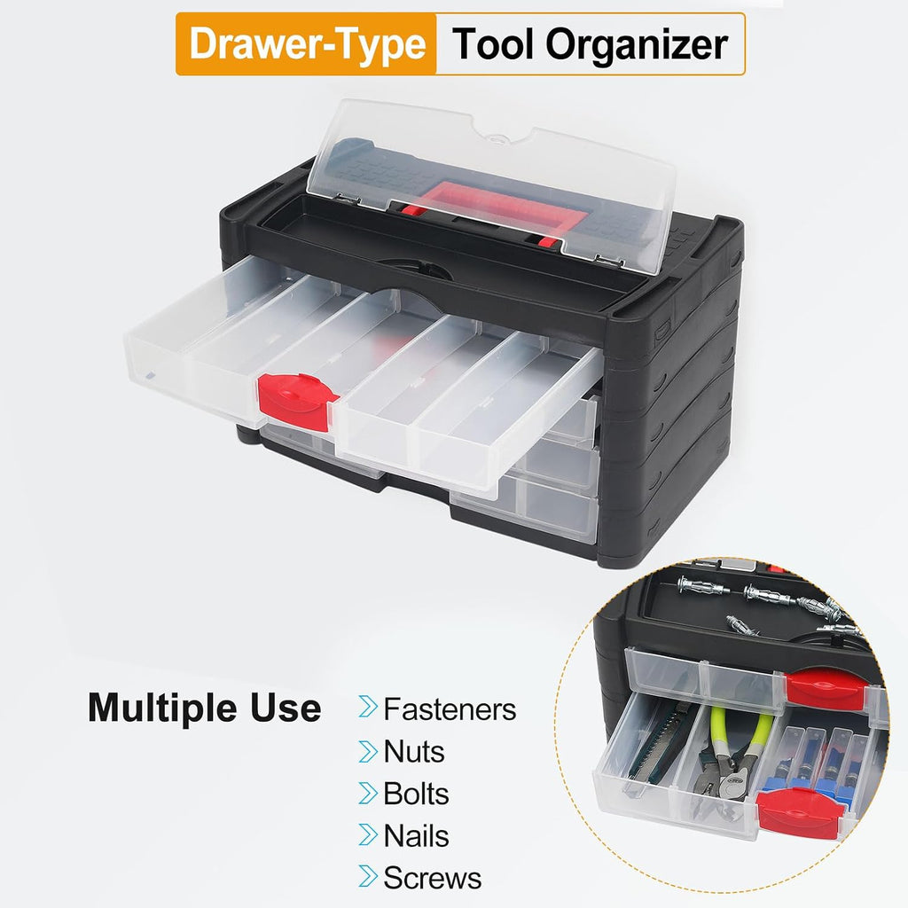 HARFINGTON Drawer Hardware Organizer 16.3'x8.9'x9.4' 4-Drawer 20-Compartment Tool Storage Box for Screws Nuts Nails Bolts