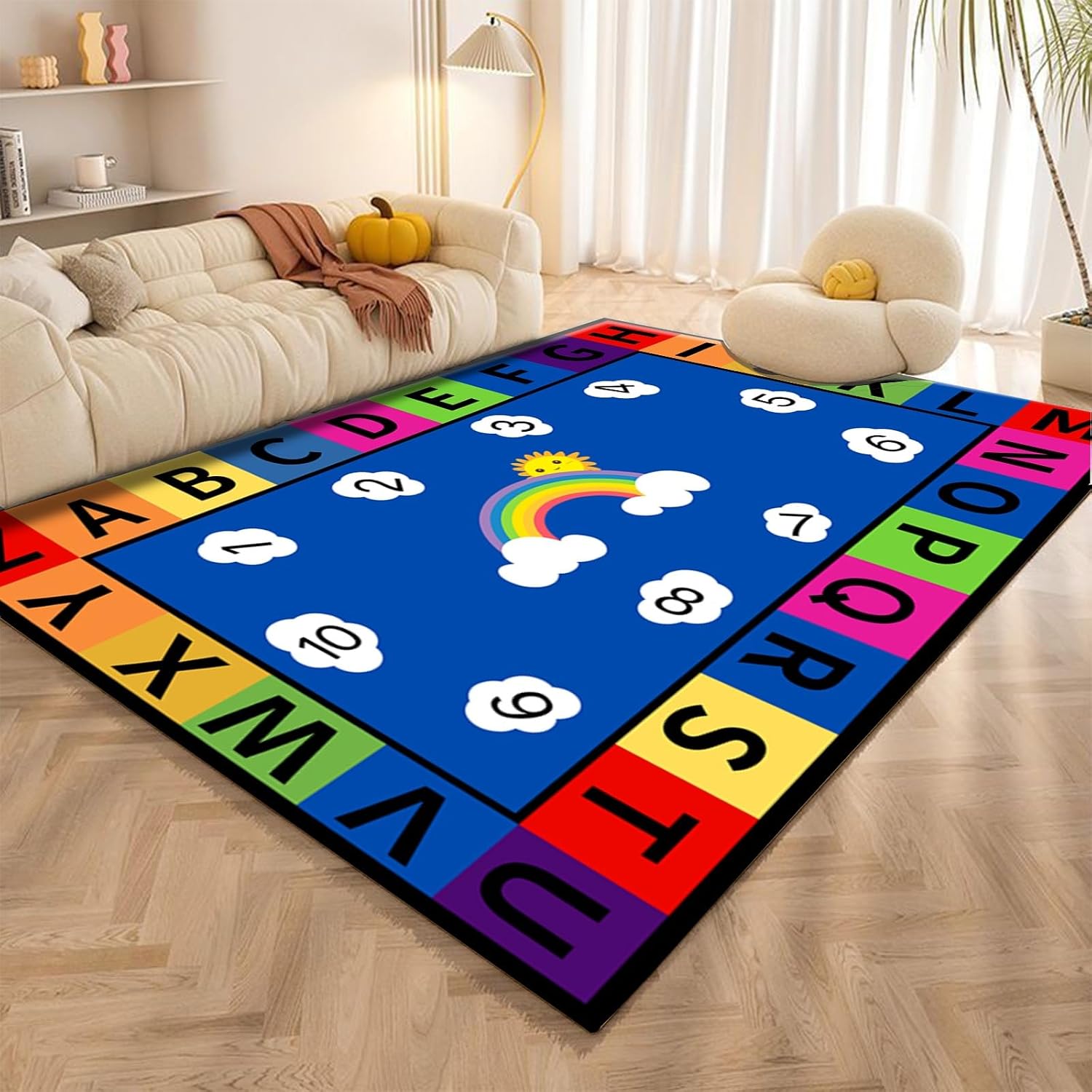 English Letter Print Living Room Rugs, 6x8ft, Cute Cloud Rainbow Digital Early Education Carpet, Children's Educational Learning Non-Slip Carpets, Thin Durable Mat for Girls Boys