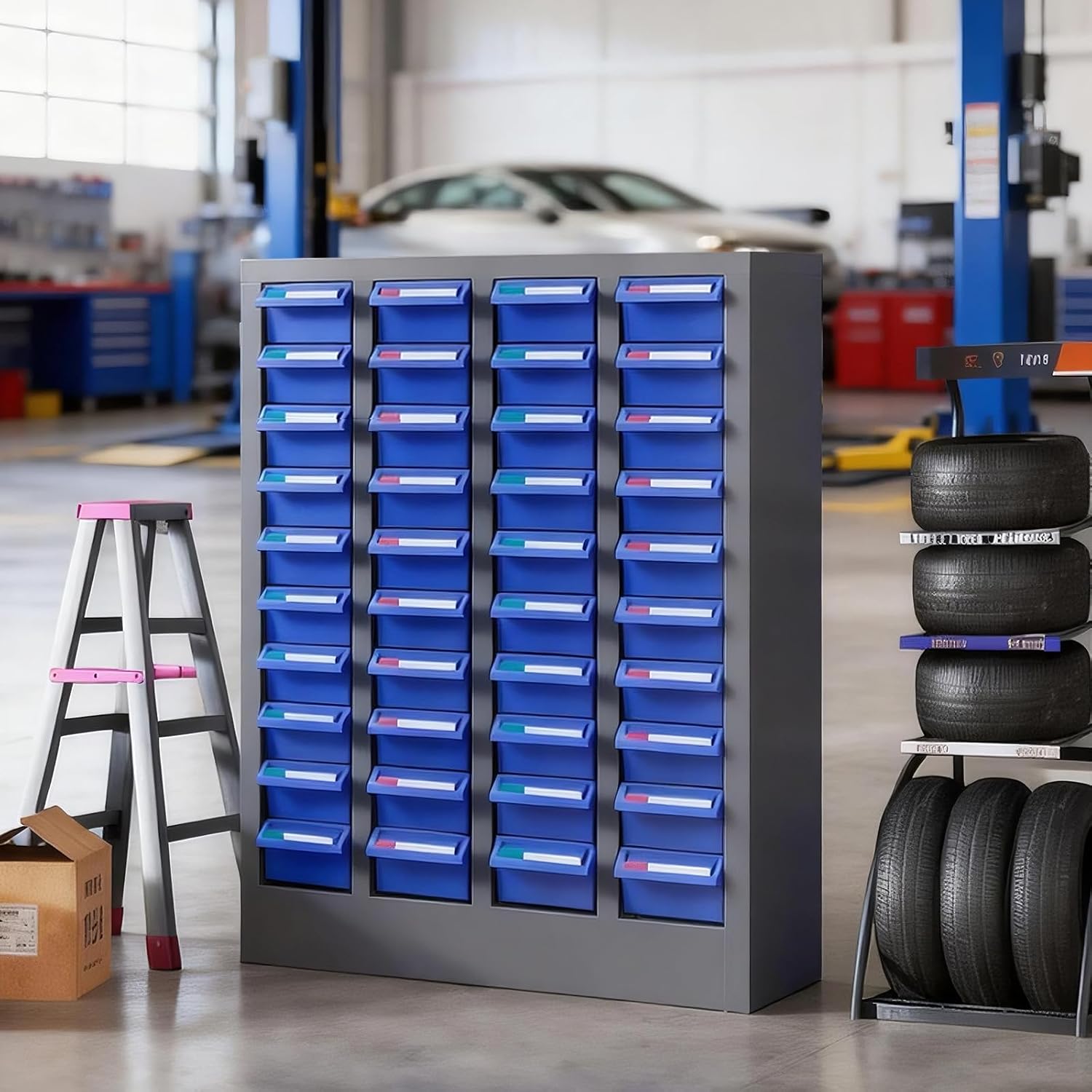 40 Drawer Nut and Bolt Organizer, Parts Cabinet with Shelf and Label, ABS Material Bolt Bin, Blue Bolt Bins Organizer for Shop, Nuts and Bolts Organizers for Tool Hardware Storage