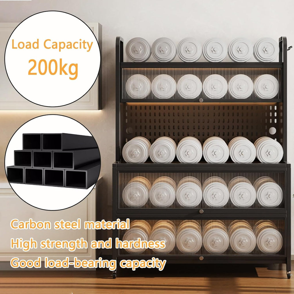 Bar Hutch with Flip Door, 5 Tier Bakers Rack, Storage Hutch for Kitchen with 4 Hooks for Home, Living Room, Dining Room(White/Black)