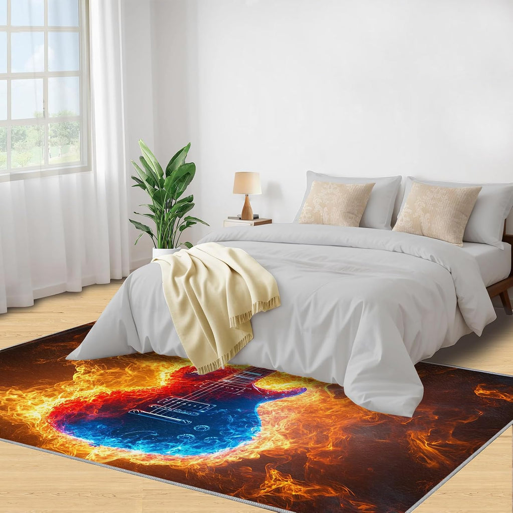 Flame Guitar Area Rugs 6x9 - Electric Guitar Rugs for Living Room, Abstract Art Classroom Rug for Carpet Boy Bedroom Office Nursery Hardwood Home Decor