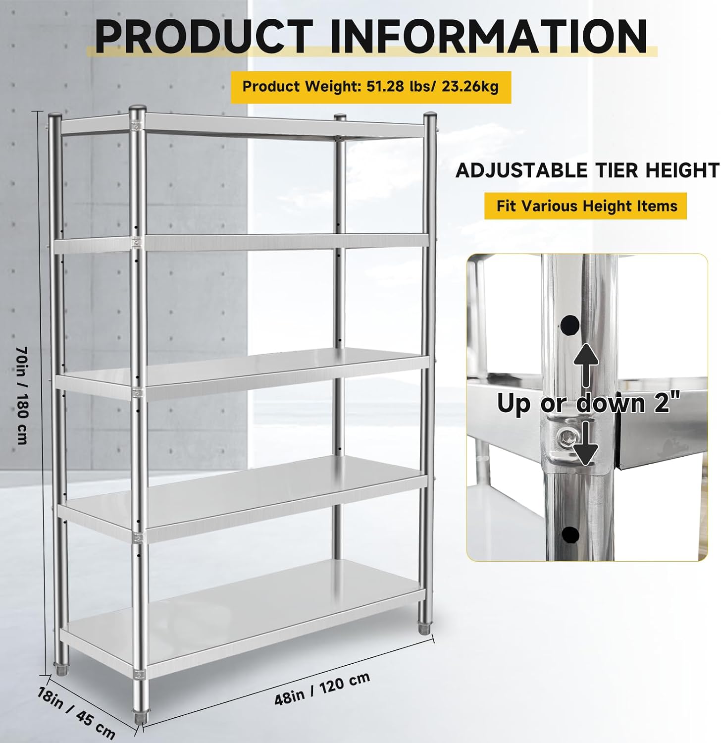 Stainless Steel Shelves 48x18x70 Inch Storage Rack 5 Tier Adjustable Shelving Units for Kitchen, Office