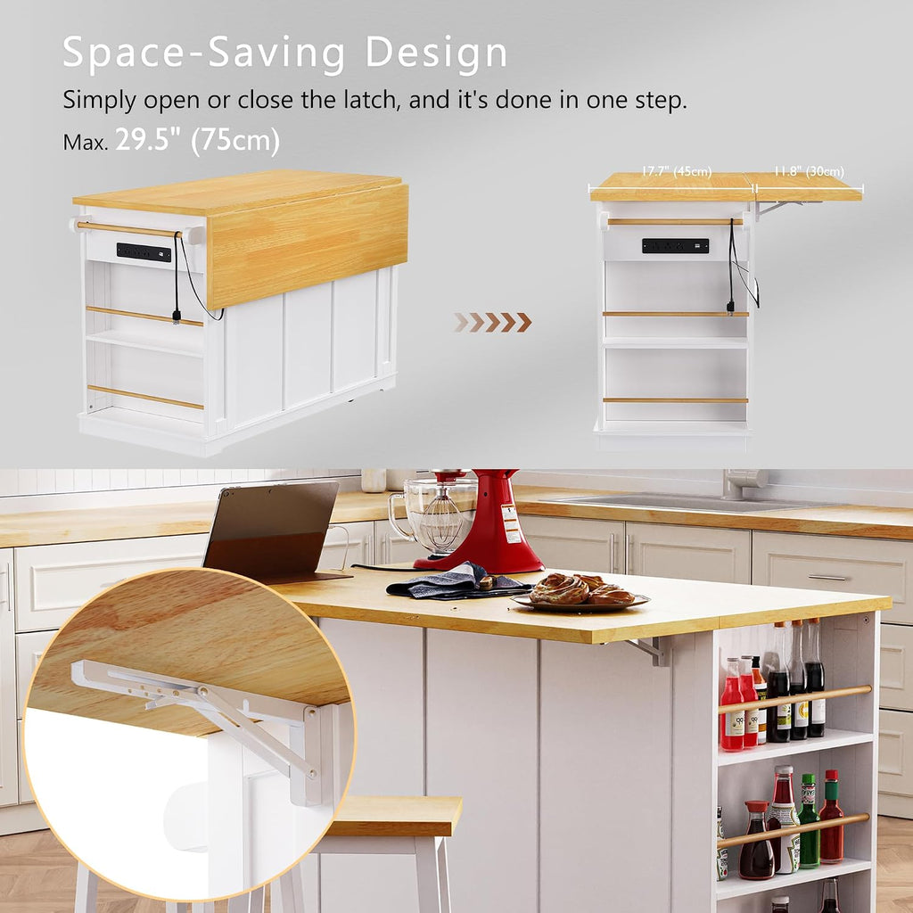 Kitchen Storage Island on Wheels with Drop Leaf & Power Outlet, Rolling Kitchen Island Cart with Open Side Racks, Door Shelves and Towel Bar, 53-Inch, White