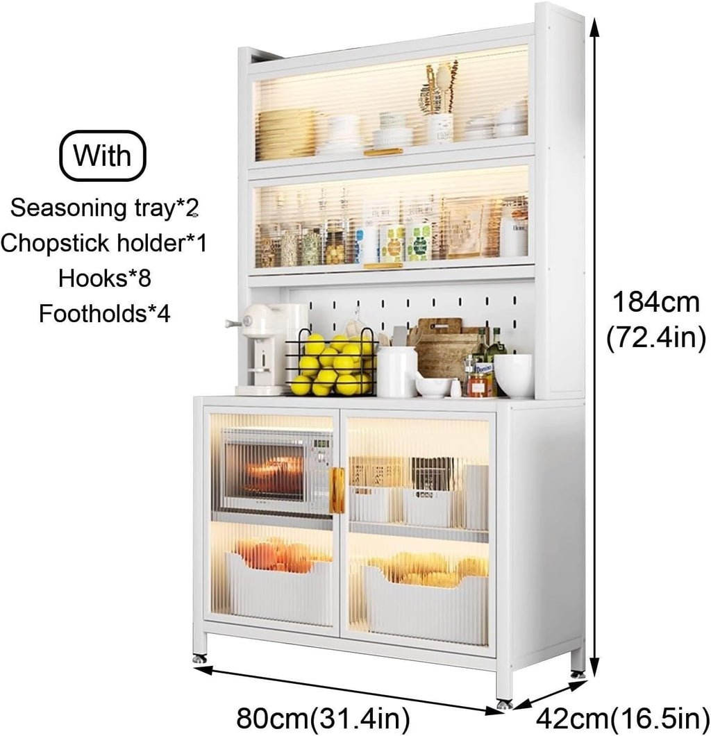 6-Tier Kitchen Bakers Rack with Storage Cabinet, Flip Door, White Microwave Stand with Hooks, Coffee Bar Organizer, 100cm, Carbon Steel Frame(84cm)