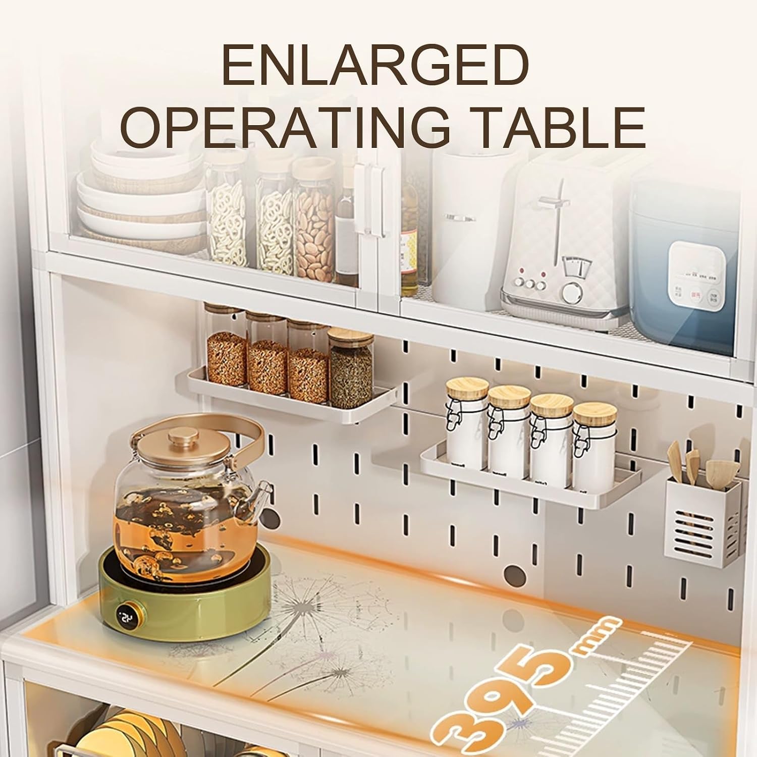 Bakers Rack with Storage, Metal Kitchen Storage Cabinet, Large Capacity, Expanded Space, with Spice Rack X 2, Chopstick Holder X 1, Hook X 4(White,80cm)