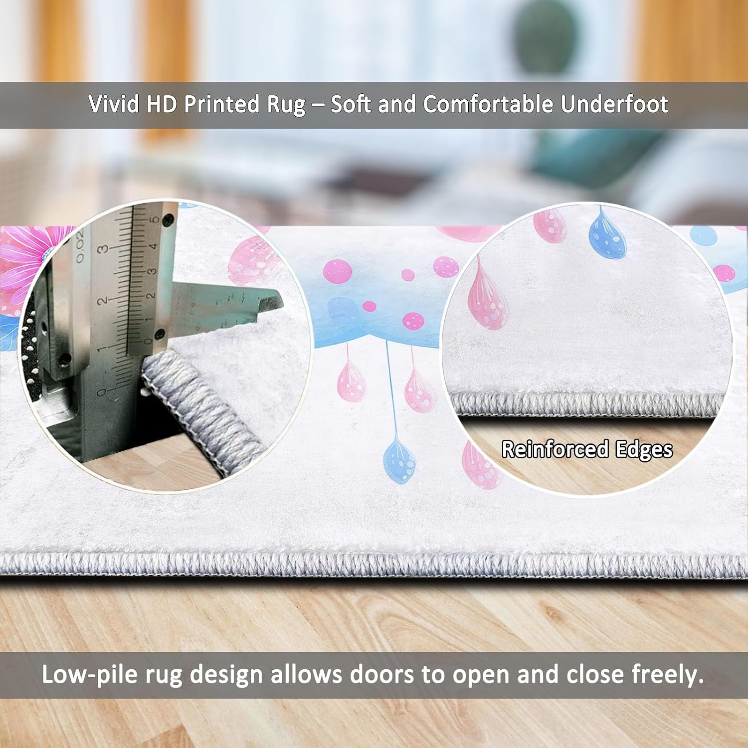 Washable Area Rug 5 x 7 ft, Cartoon Fresh Flowers Clouds Soft Print Kids Area Rugs for Living Room - Non-Slip Stain Resistance White Indoor Carpet for Bedroom Kid Nursery Playroom