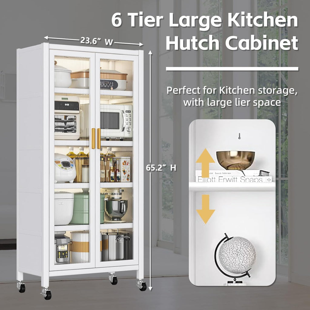 Kitchen Storage Cabinet, Pantry Cabinet with Two Glass Doors and Adjustable Shelves, 6 Tier Large Kitchen Hutch Cabinet Freestanding Tall Storage Sideboard, Kitchen Bakers Rack (White)