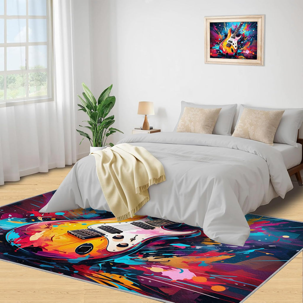 Cool Guitar Area Rug - Guitar Kids Rugs - Music Lover Rug for Bedroom, Indoor Machine Washable Carpet for Music Classroom Studio Band 5x7ft