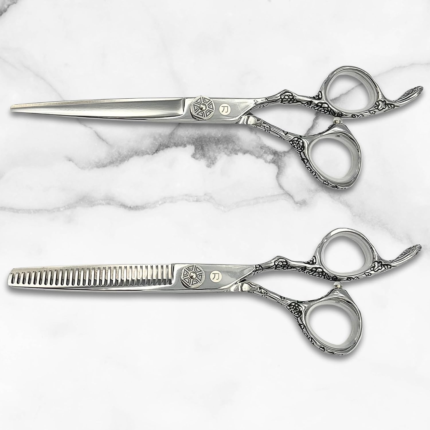 Saki Shears 6 Inch Set of Hair Cutting and Thinning Scissors With Flower Design on Handle and Finger Holes - 440C Stainless Steel - Professional Hair Cutting Set (Silver)