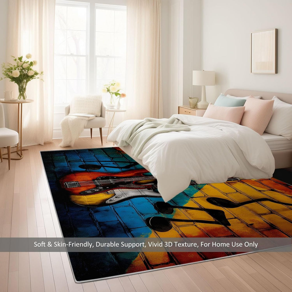 Area Rug 5x8 ft Colorful Guitar Notes Washable Rugs, Soft Non-Slip Faux Wool Rug for Living Room, Bedroom, Farmhouse, Dining Room, Office, Home Decor Carpet