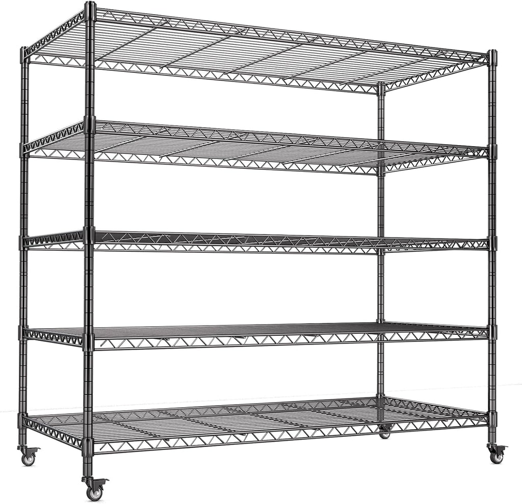 AIRAJ 48' W Storage Shelves Heavy Duty | 3200 LBS Metal Shelving | 5 Tier Wire Shelving | Garage Shelving Units and Storage | Rolling Wire Rack with Wheels | Adjustable Layer Height | 48'W×24'D×72' H