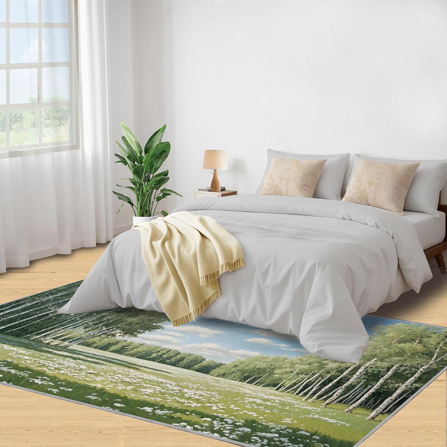 Forest Rug 6x8, Birch Tree Area Rug, Natural Landscape Rugs for Living Room, Washable Rugs for Bedroom, Non Slip Low Pile Floor Mats
