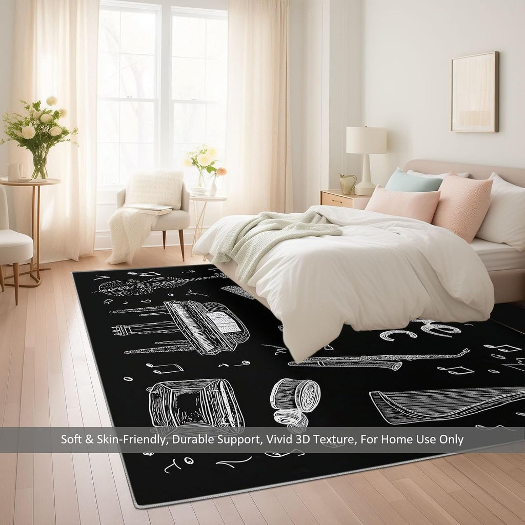 Hand-Drawn Instruments Guitar Piano Drums Area Rug Washable Non Slip Living Room 7 x 8 ft Carpet Mat, Black Soft Stain Resistance Indoor Carpet, for Bedroom Nursery Runner Mat