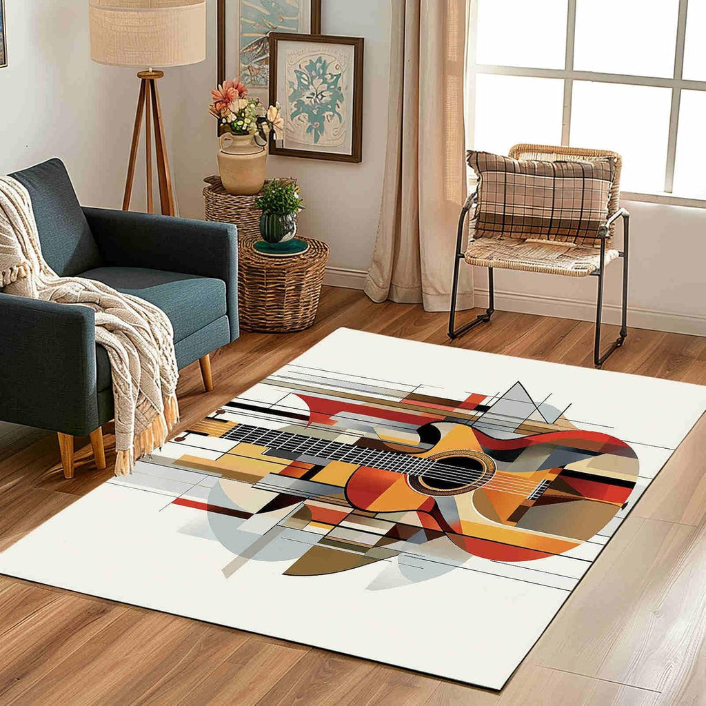 Abstract Geometric Guitar Design Large Area Rug 6x9ft Minimalist Line Motifs Washable Area Rugs for Living Room Amber Bedroom Rug Decorative Carpet, for Dining Room Dormitory Washable Rugs