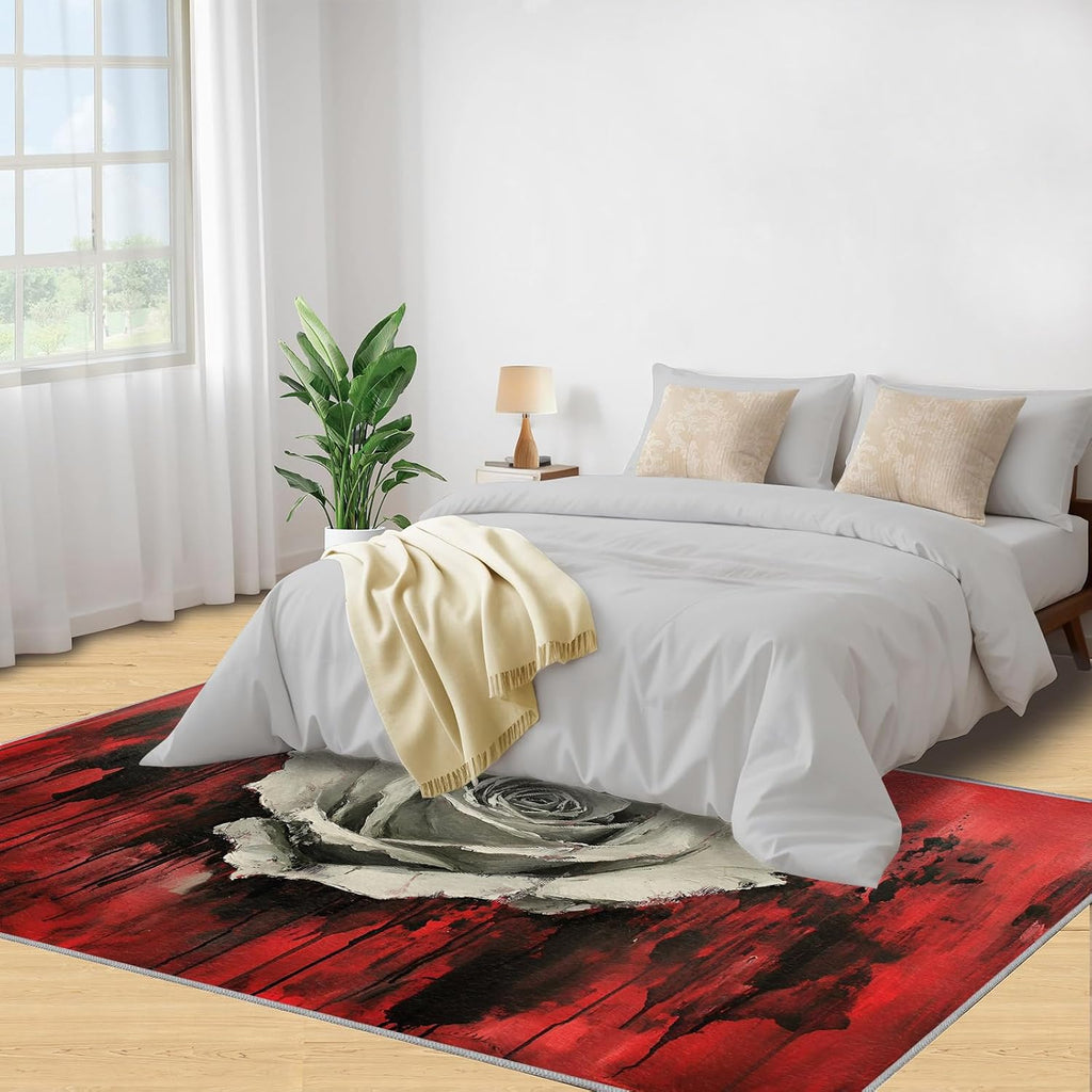 Rose Rug 6x8-6x8 Rug, Black and Red Rose Area Rugs for Living Room Bedroom, Abstract Area Rugs, Gothic Washable Carpet, Halloween Carpet, Floral Home Decor & Gifts