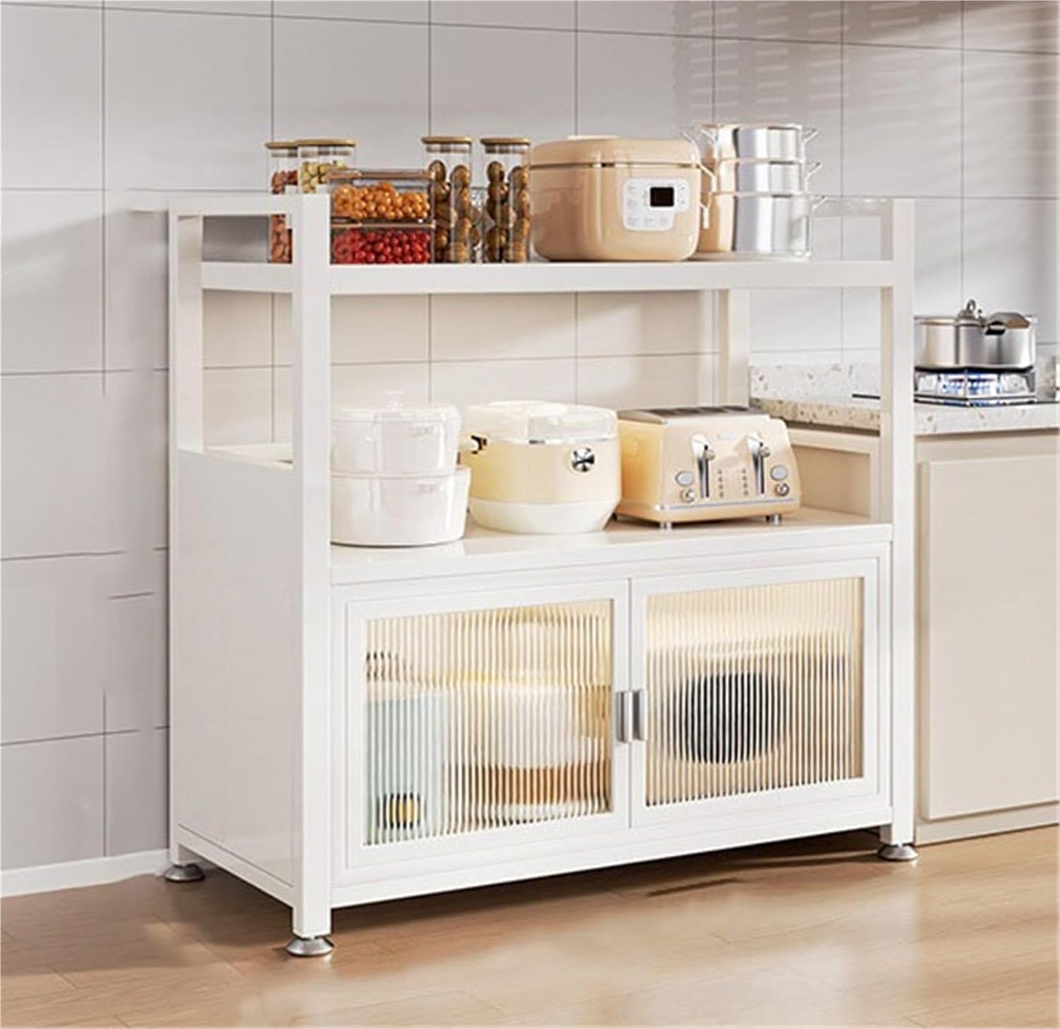 3/4/5 Layers Kitchen Pantry Storage Cabinet with Doors and Shelves Mordern Metal Microwave Stand Storage Cabinets Bakers Rack for Living Room Hutch Home Office,Living Room