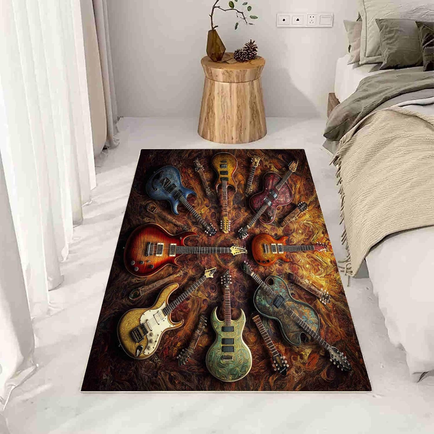 Rock Guitar Silhouette 8x10 Washable Large Area Rug Flame Wave Texture Carpet for Study Bedroom Nursery, Washable Rugs Non Slip Soft CarpetCrimson Living Room Rugs Non-Slip