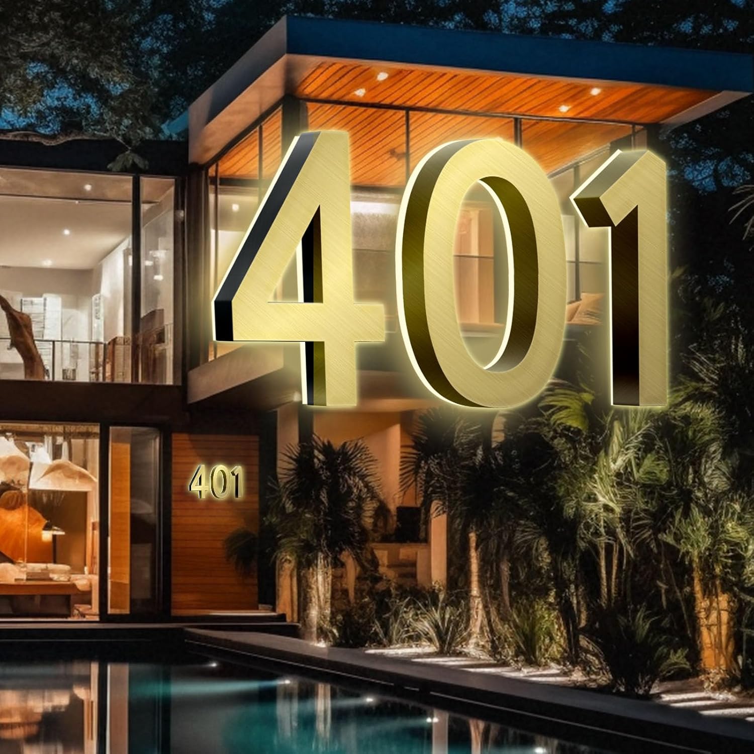 Backlit Illuminated LED House Numbers, Brushed Gold Lighted Address Signs, Modern Weatherproof House Number For Outdoor, Illuminated Address Numbers For Outside