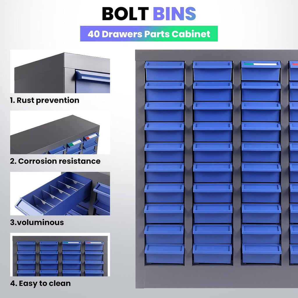 40 Drawers Heavy-Duty Alloy Steel Nut and Bolt Organizer with 200 Dividers & 80 Label Slots, ABS Drawers Material Parts Cabinet, Screw and Bolt Bins Organizer for Garage Workshop Shop Storage