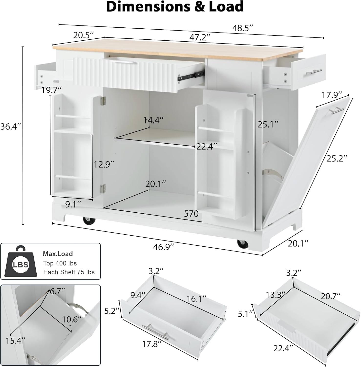 Modern Kitchen Storage Island with Trash Can Cabinet & Power Outlet, Rolling Kitchen Island Cart on Wheels with Open Side Shelves and Towel Rack, 53-Inch, White