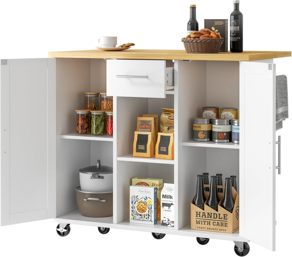 JY QAQA 42' Rolling Kitchen Island Cart with Storage, Drop Leaf Countertop, Drawers & Towel Rack, Mobile Kitchen Table on Wheels for Kitchen Dining Room, White