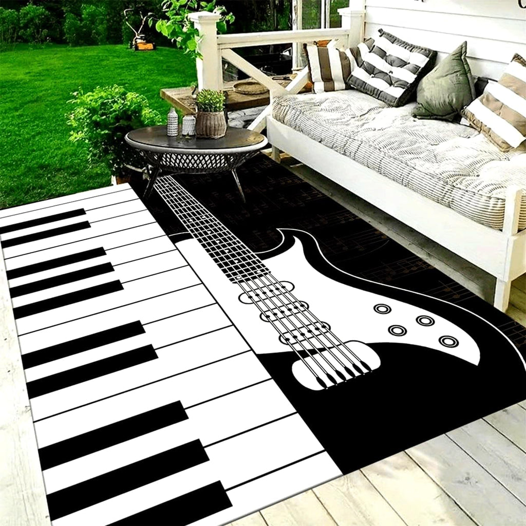 Musical Instrument Area Carpet, 6x8ft, Black White Piano Guitar Music Note Bedroom Rug, Low Pile Non-Shedding Pet Friendly Rugs, Reduce Noise Soft Cozy Floor Carpet for Sofa Dorm