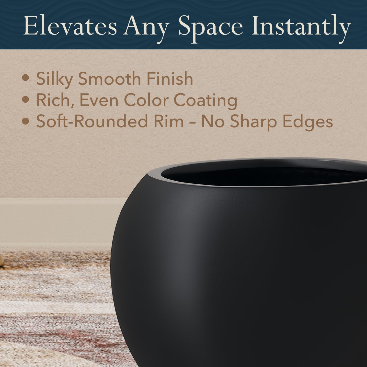 KUTE NEST 16' H x 20' D Premium Globo Fiberstone Round Planter for Outdoor & Indoor Plants, Ideal for Snake Plants, Monstera & House Plants, Included 2 Extra Coco Mats (Black, 13.5' Pot Opening)