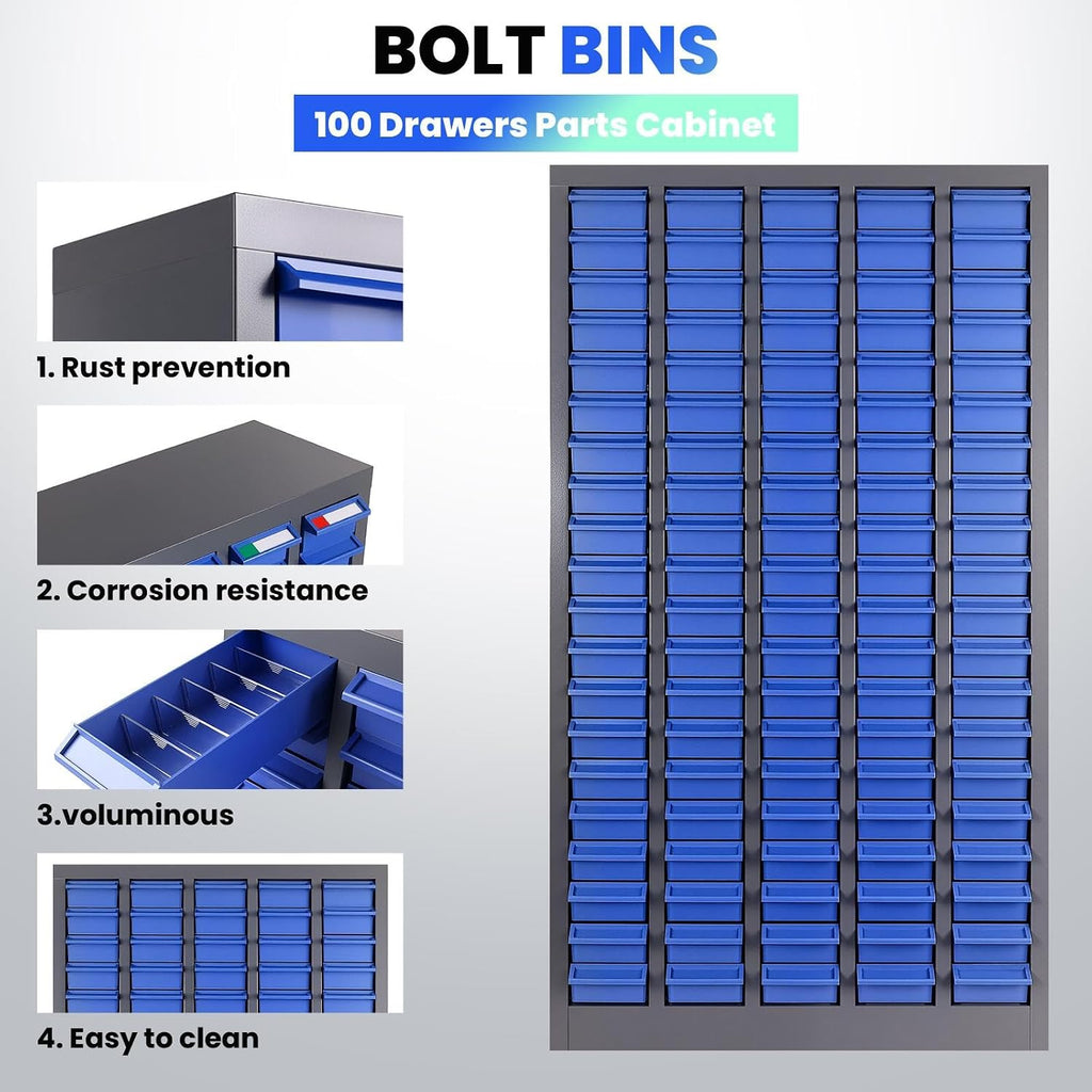 100 Drawers Versatile Parts Cabinet, Professional Nut and Bolt Organizer with Bolt Bins Storage System, Essential Hardware Organizer for Workshop, Garage & Home Studio