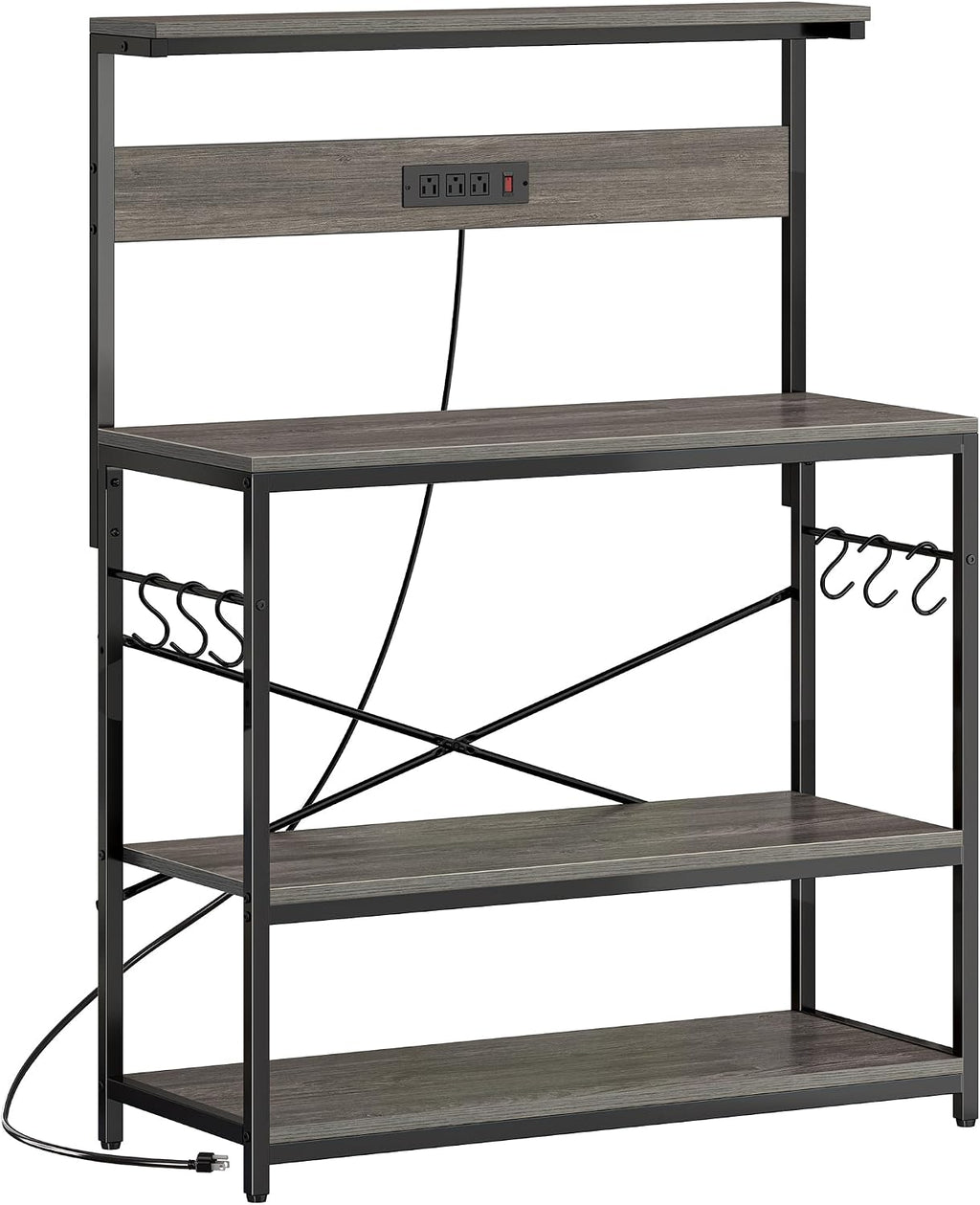 SUPERJARE Bakers Rack with Power Outlets, Microwave Stand, 39.4 X 14.3 Inch Larger Desktop, Kitchen Storage Rack with Adjustable Middle Shelf, 6 S-Shaped Hooks, Coffee Bar Stand, Grey