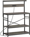 SUPERJARE Bakers Rack with Power Outlets, Microwave Stand, 39.4 X 14.3 Inch Larger Desktop, Kitchen Storage Rack with Adjustable Middle Shelf, 6 S-Shaped Hooks, Coffee Bar Stand, Grey