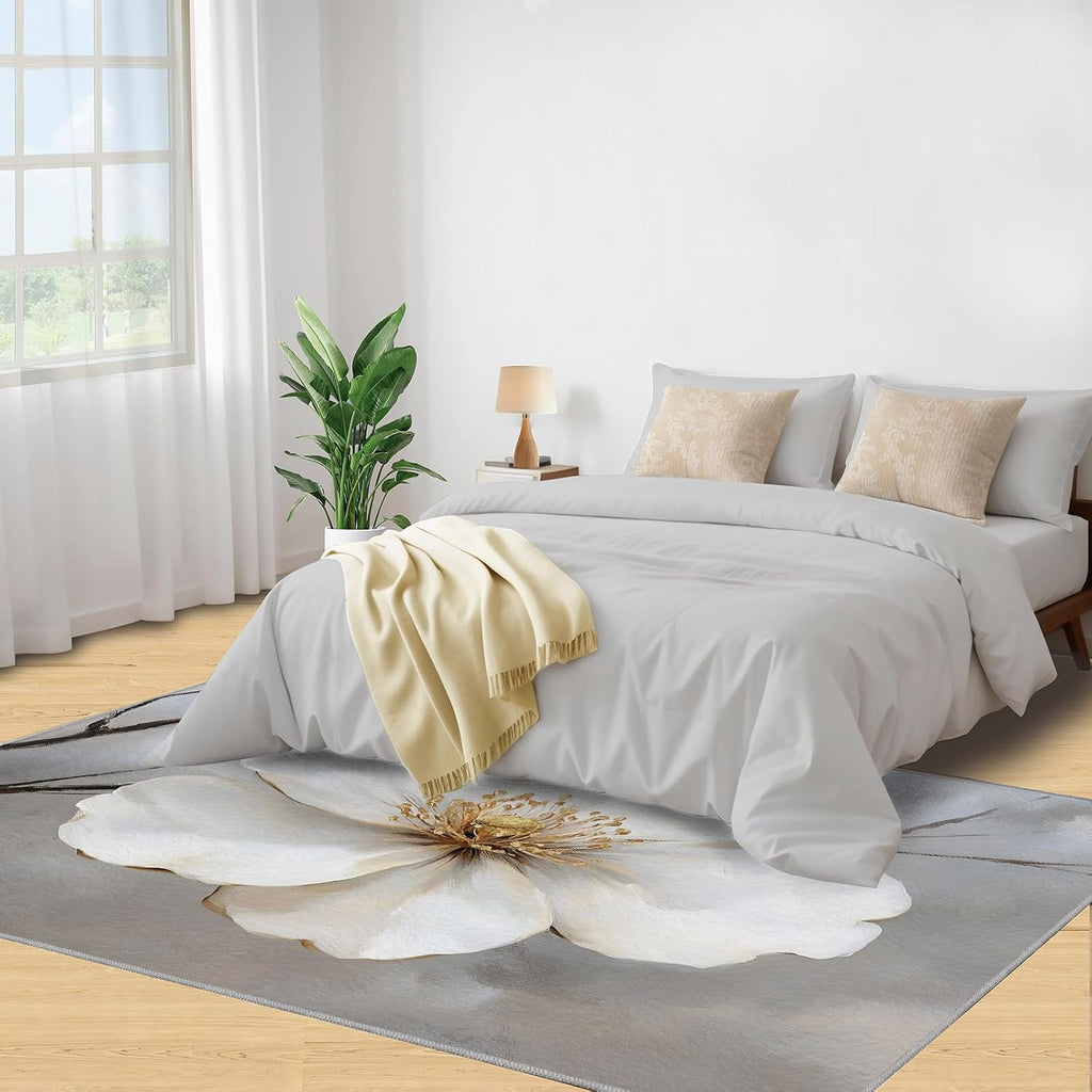 Floral Area Rug Large - 6x8 Rug, White Flower Rugs for Living Room, Modern Area Rugs for Bedroom, Aesthetic Carpet, Washable Carpet, Floral Home Decor & Gifts