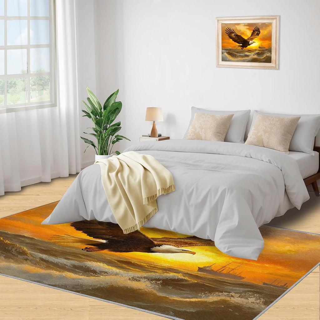 Animal Print Rugs for Bedroom, Bald Eagle Area Rug, Nautical Rugs for Living Room, 6x8 Washable Rug Non Slip & Low Pile, Indoor Carpet & Home Decor