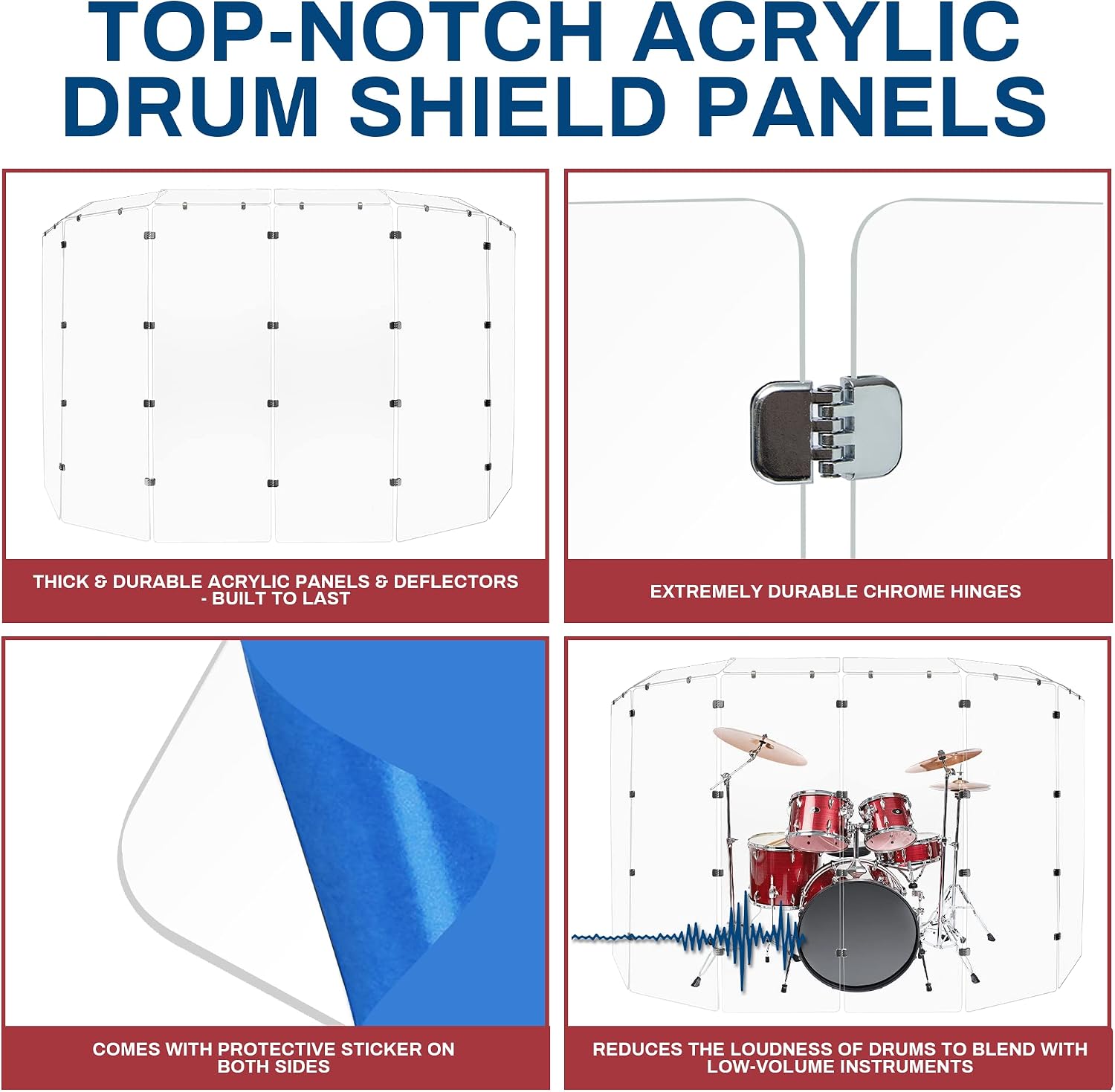 Drum Shield DS7D Chrome Hinges 6 panels Full 1/4' x 24' x 72' Crystal Clear Acrylic 6 Deflector Panels 12' x 24'