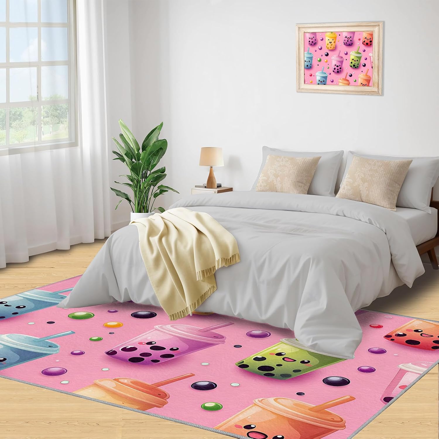 Pink Rugs for Living Room, Boba Print Rug, Cartoon Girl Washable Rugs for Bedroom, Low Pile & Non Slip, Indoor Carpet, 6x8 Area Rug & Home Decor